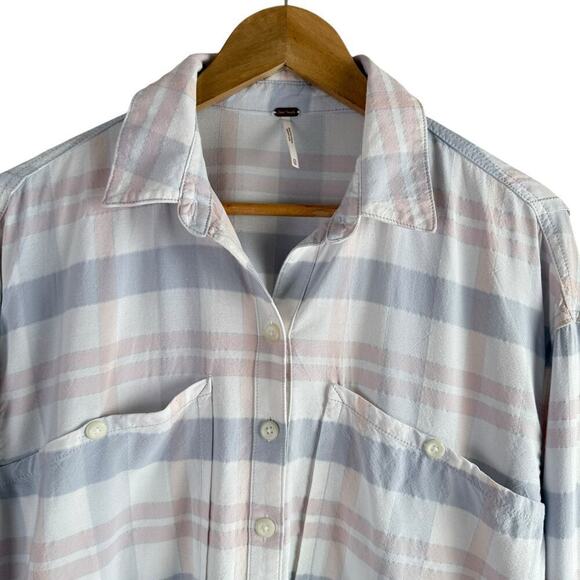 Free People Loveland Plaid Button Down Shirt Top White Pastel Pink Blue, Size XS - Picture 3 of 13